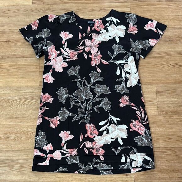 Nicole Miller Womens Linen Floral Dress XL Black Short Sleeve Casual Lightweight - Picture 1 of 7